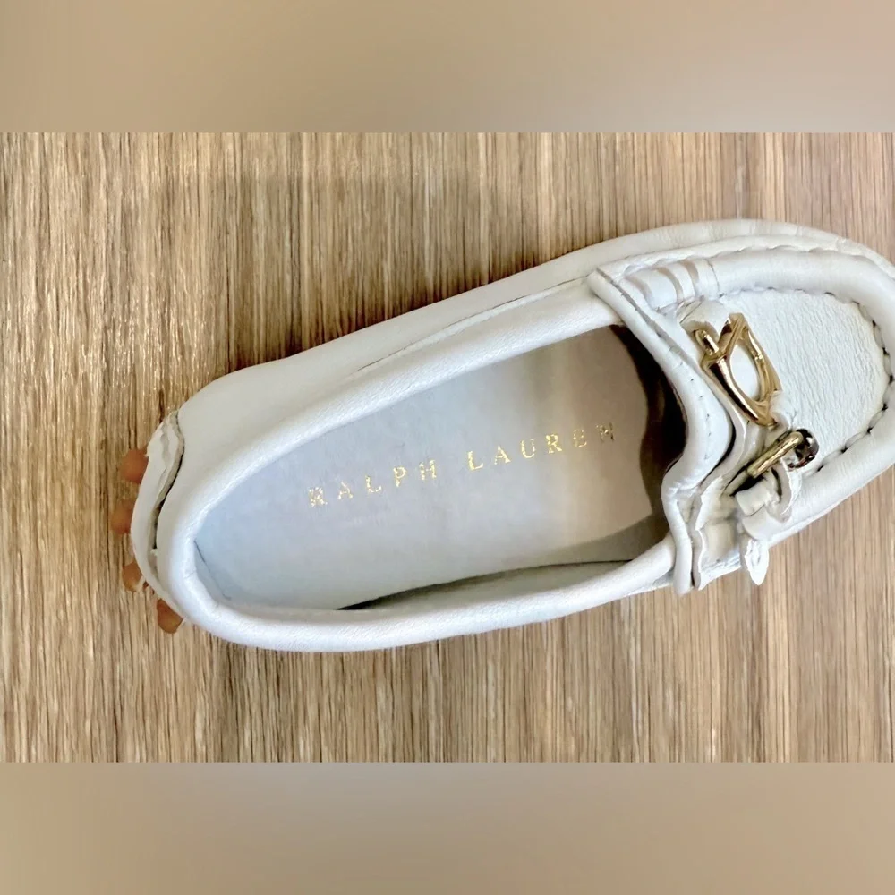 Ralph Lauren Baby Loafers White Leather Gold Bit Buckle Size 4
